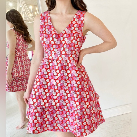 Flora Bea Terina Dress in hot pink/red brocade NWT